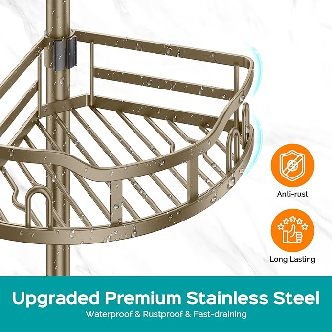 HAMITOR Corner Shower Caddy Tension Pole: Rustproof 4-Tier Bathroom Organizer Shelves for Bathtub Shampoo Storage - 47-121 Inch Quick Install Adjustable Rod Standing Rack with Soap Rack -Tan Khaki