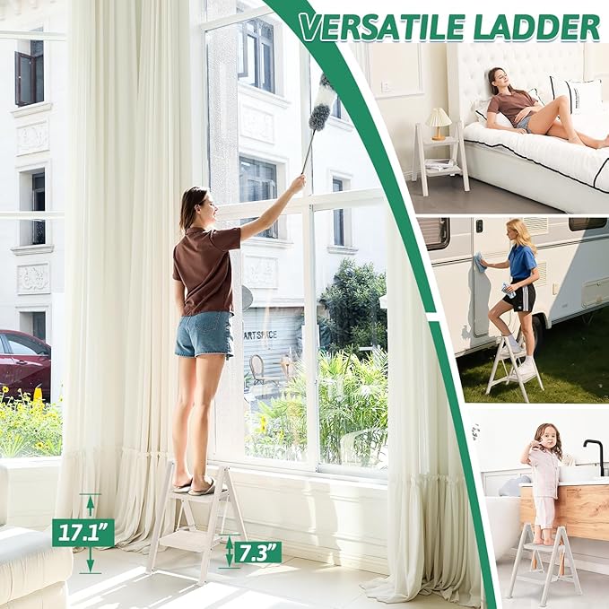 2 Step Ladder Folding Step Stool, Heavy Duty 330 Lbs Load Stepladder, Small Kitchen/Closet Ladder for Adults/Kids, Lightweight Step Ladder 2 Step Folding with Anti-Slip Wide Pedal for Home Off White