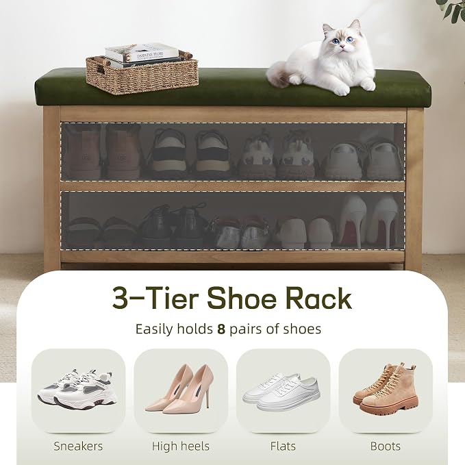 Zihanhome Shoe Rack Bench with Leather Cushion, 2 Tier Solid Wood Storage Bench, Mid-Century Modern Shoe Bench for Entryway, Hallway, Closet, Front Door Entrance, Foyer (Green, 39.4")