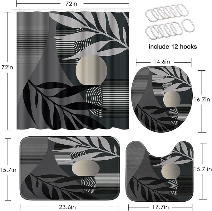 Boho Black and Grey Shower Curtain Set with Toilet Lid Cover and Non-Slip Rugs, Mid Century Modern Abstract Minimalist Leaves Neutral 4 Pcs Shower Curtain for Bathroom Set with 12 Hooks