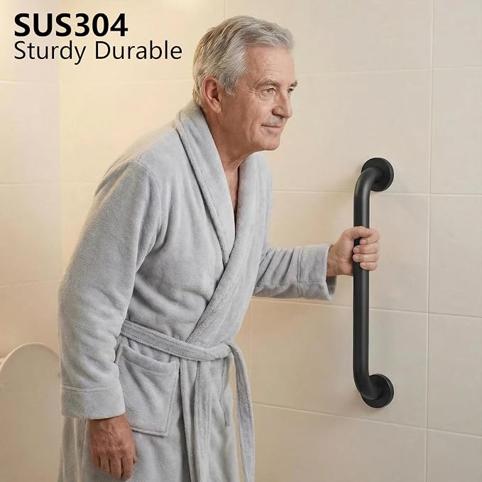 12 Inch Shower Grab Bars, 2 Pack - Anti-Slip Stainless Steel Bathroom Safety Handles for Elderly & Handicap, 304 Steel, Black, Knurled Grip（Black 12in-2-Sets）