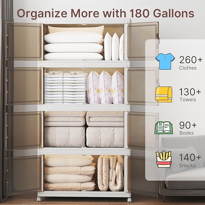 UAMFURI Stackable Storage Bins with Lids, 720QT Closet Organizers and Storage with Doors and Wheels, Extra Large Storage Cabinet, Collapsible Plastic Drawers for Bedroom Dorm Office Garage
