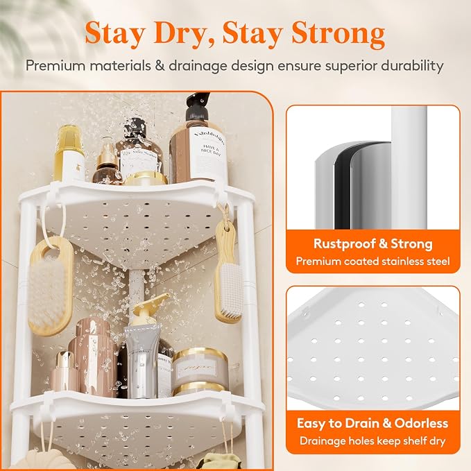 Lifewit Floor Standing Shower Caddy Corner, 4 Tier Plastic Shower Stand Rack with Adjustable Feet and Hooks, Rustproof Bathroom Shelf Organizer, White, 34 x 24 x 107 cm/13 x 9.5 x 42 inch