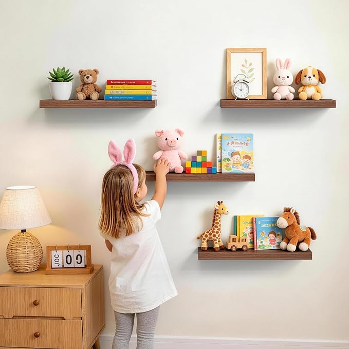 BAYKA Floating Shelves for Wall, Set of 3, Wall Mounted Rustic Wood Shelves for Bathroom, Bedroom, Living Room, Kitchen, Small Hanging Shelf for Books/Storage/Room Decor, Walnut-Like, 15.7in
