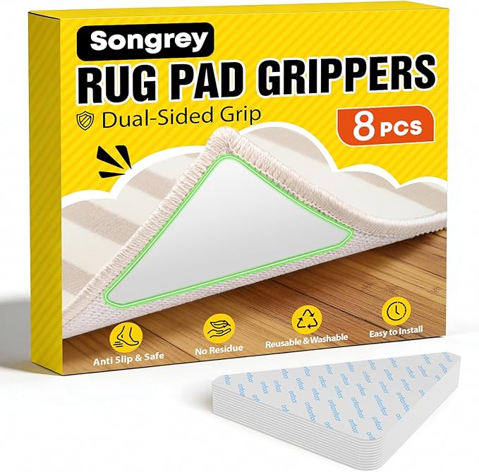 Songrey Rug Tape Rug Corner Grippers 8PCS, Reusable Double-Sided Carpet Tape to Hold Area Rugs Down, Non Slip Rug Pads Gripper for Hardwood Floors No Damage