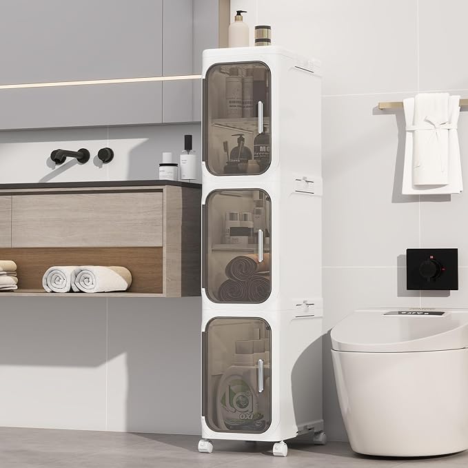 3-Tiers Slim Bathroom Storage Cabinet, Foldable Storage Cabinets,Narrow Bathroom Storage,Movable Bathroom Storage Organizer for Small Spaces,Bathroom,Kitchen,Laundry,White
