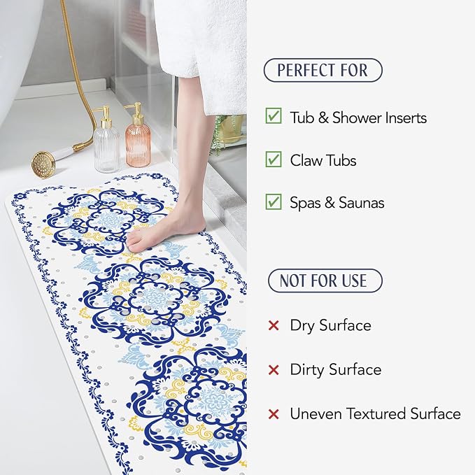 SHUCHING Blue Bath Mat for Tub Non Slip-40 X 16Inch, Boho Bathtub Mat Anti Slip, Long Shower Mat for Bathroom Mold Free, Machine Washable