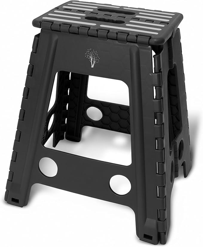 Inspired Living 18" Step Stool, Folding Step Stools for Adults, Plastic Foldable Step Stools Kids, Holds Up to 330 lbs, Collapsible Folding Stool for Kitchen, Bathroom, Bedroom - Black/Grey