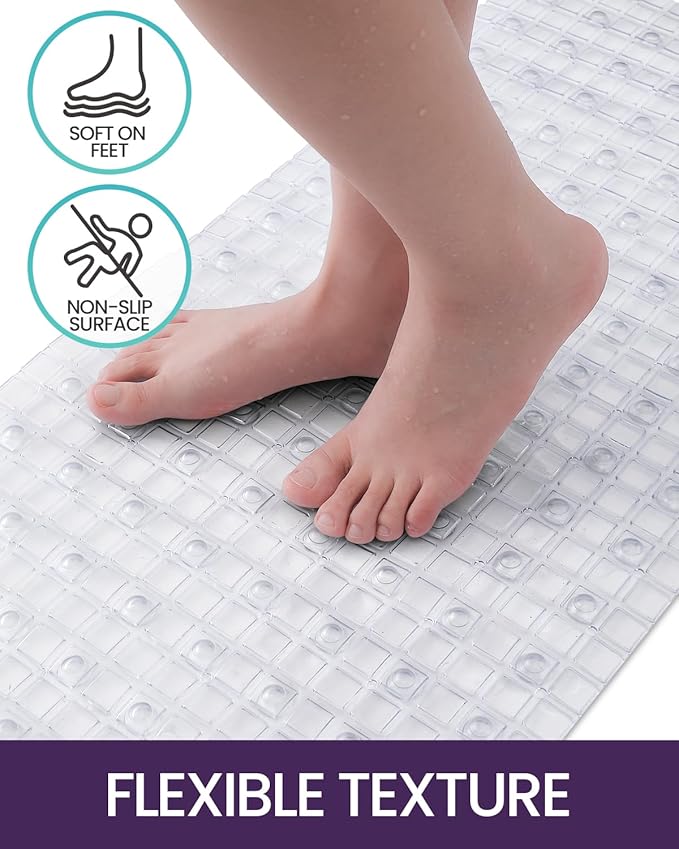 DEXI Bathtub Mat Non Slip, Extra Long 39x16, Suction Cups, Drain Holes, Machine Washable for Tub Shower Floor, Clear