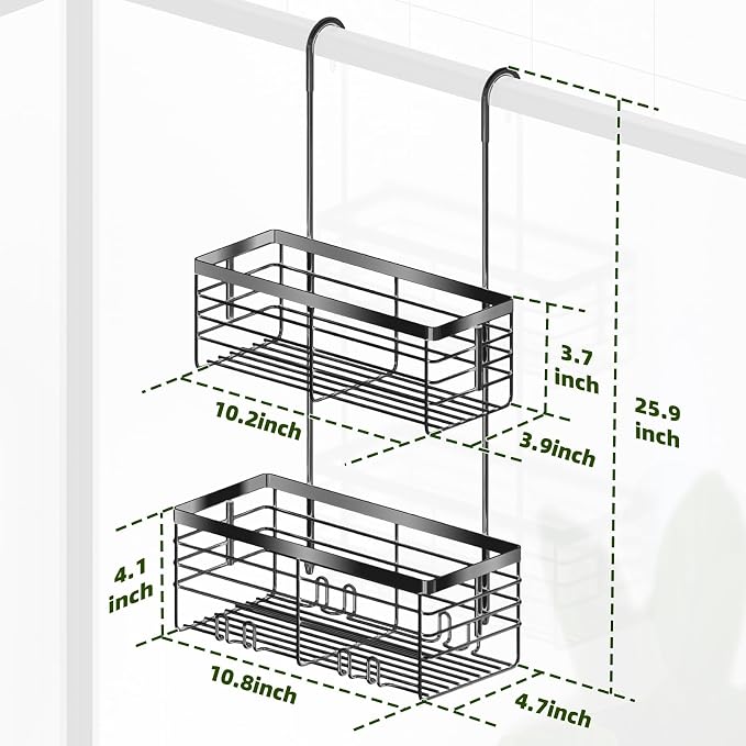 YUOROS Hanging Shower Caddy, 2 Tier Over the Door Shower Organizer Rack Organizer Stainless Steel Rustproof (Black)