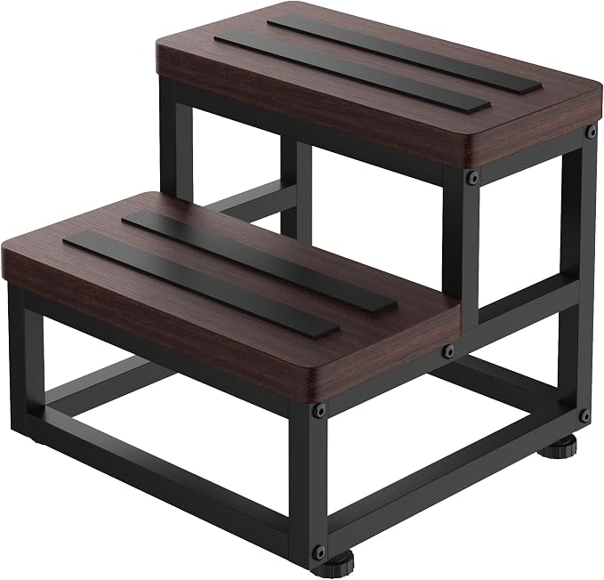 Step Stools for Adults Kids, Heavy Duty Stepping Stool Wooden Bed Step Stools for High Beds, Non-Slip 2 Bedside Foot Stool with 500 Lb Capacity for Bedroom Kitchen Bathroom Outside,Easy Assembly,Teak