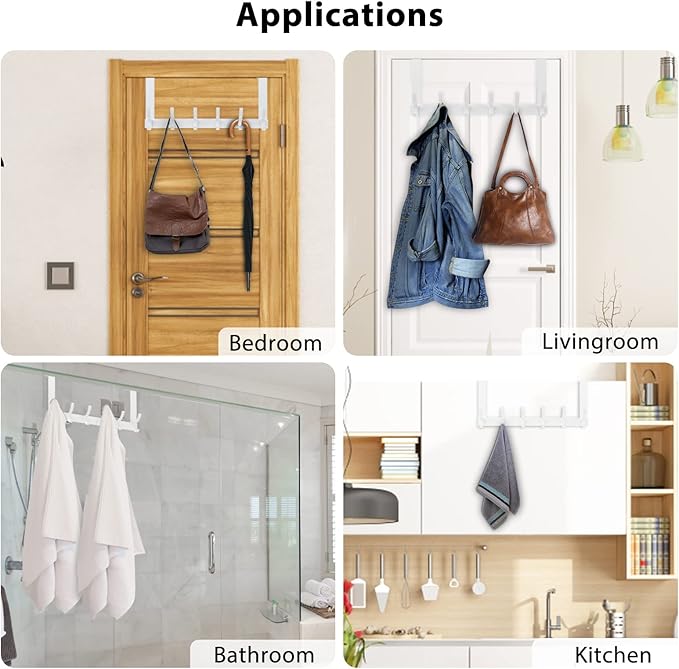 Optish Over The Door Hooks, Door Hanger Hooks for Hanging, Over The Doors Towel Racks for Bathroom with 12 Coat Hook, Coat Rack Bathroom Accessories（1 Pack, White）