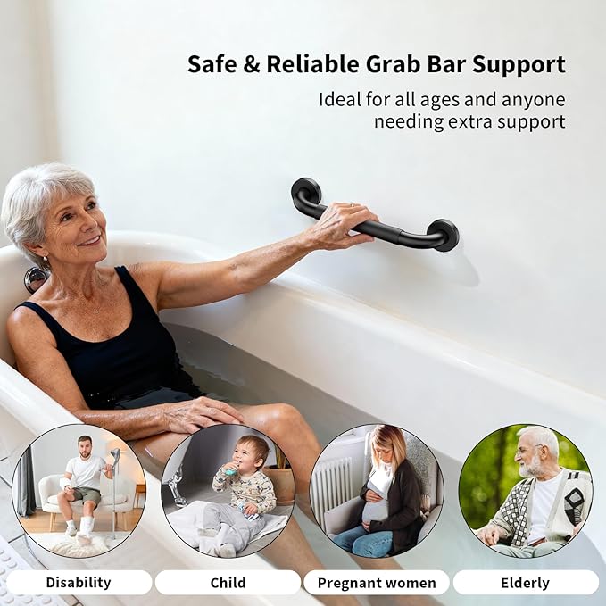 Anti-Slip Grab Bars 12 Inch w/Silicone Grip, iMomwee Stainless Steel Wall Mounted Bathroom Grab Bar Handle, Matte Black Safety Shower Handrail for Senior, Handicap Balanced Support Bars