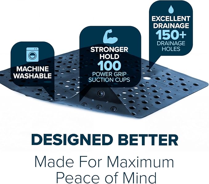 SlipX Solutions 27" Oversize Square Shower Mat, Non-Slip Mat for Elderly & Kids, 100+ Power Grip Suction Cups for Smooth Surfaces, Machine Washable, Solid Navy Blue