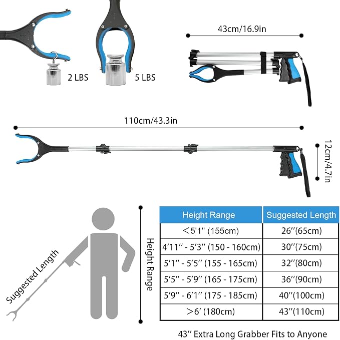 Housolution Reacher Grabber Tool, 43" Extra Long Grabbers for Elderly, Lightweight Handy Trash Claw Grabber with Magnets, Reaching Assist Tool for Trash Pick Up, Arm Extension, Litter Picker (Blue)