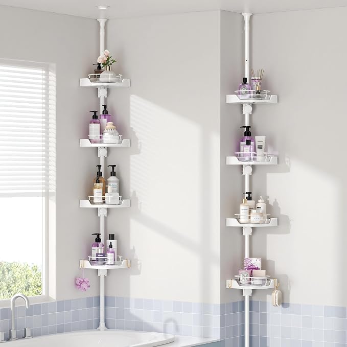 YCIA&DONE 360° Rotating Shower Caddy Tension Pole, 4 Tiers Corner Shower Organizer for Bathroom Shelf Bathtub, Adjustable Standing Shower Rack, Easily Assemble, 34-124 Inch Height, White