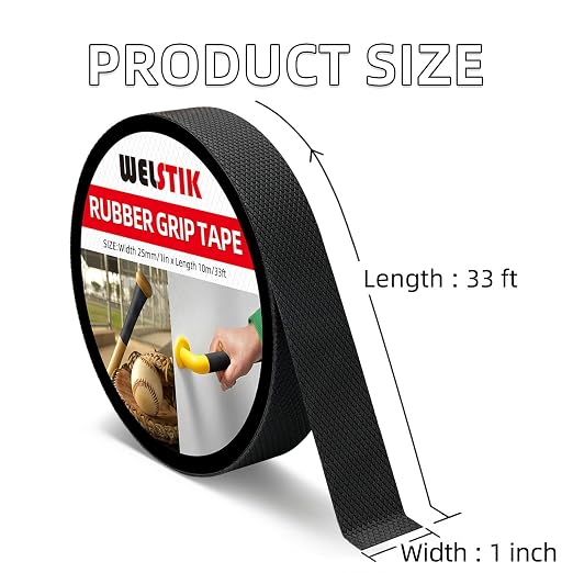 WELSTIK Rubber Grip Tape - Ultra Strong Sweat Absorbent Non-Slip Tape with Textured Adhesive - 1" x 33ft Heavy Duty Friction Tape for Tool Handles, Gym Gear, Stairs & DIY Gadgets (Black)