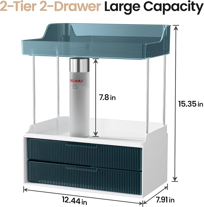 Delamu Bathroom Organizers and Storage, 2 Tier 2 Drawer Makeup Organizer Countertop, Easy to Install, Ideal for Bathroom Counter, Vanity, Blue