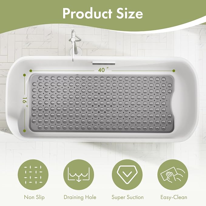 AmazerBath Shower Mat Non Slip 40 x 16 Inches, Shower Stall Mats with Suction Cups and Drain Holes, Non Slip Bath Mat for Tub for Elderly & Kids, Grey