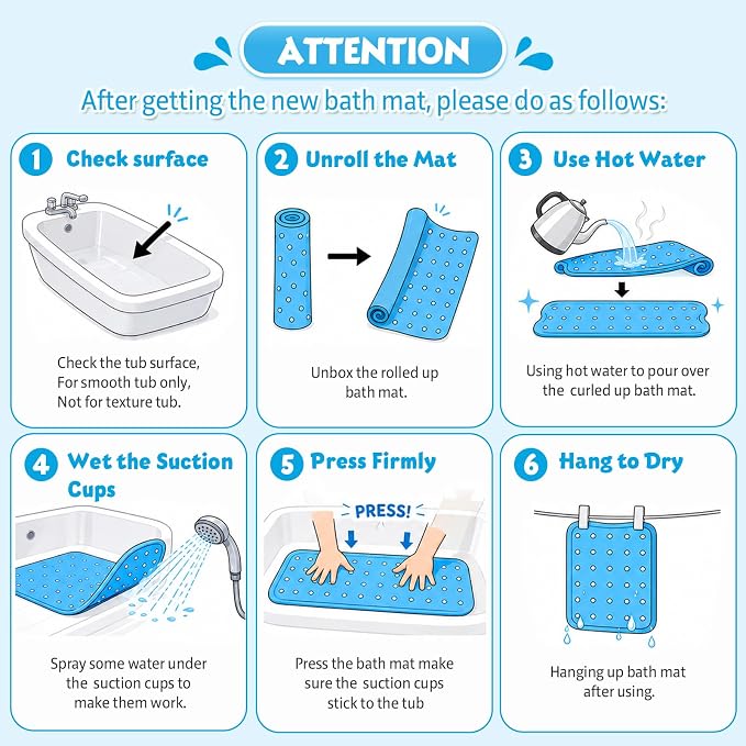 XIYUNTE Baby Bath Mat for Tub Non Slip Kids, BPA Free Extra Long Bathtub Mat 40x16 with Drain Holes and 200 Suction Cups, Non Toxic Machine Washable Toddler Bath Mat, Eco-Friendly Certified