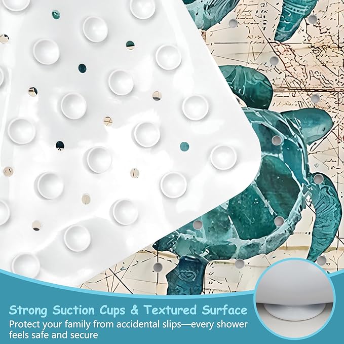 Sea Turtle Square Anti Slip Shower Mats for Inside Shower Accessories, Cute Bath Mats for Bathroom Non Slip Shower Floor Mat Decor Rubber Bathmat With Suction and Drain Holes Machine Washable, 21″X21″