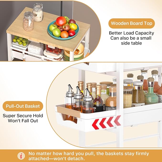 SUNALLY Slim Storage Cart with Pull-Out Baskets, 5-Tier Rolling Kitchen Cart with Wooden Top & Lockable Wheels, Narrow Space Utility Cart Organizer for Kitchen, Bathroom, Laundry Room, White