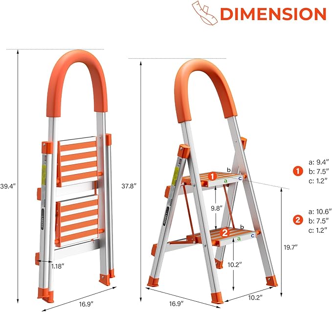 LUISLADDERS 2 Step Ladder Aluminum Lightweight Folding Step Stool Portable Home and Kitchen Sturdy Stepladder 500lbs EN131 Little Step Ladder