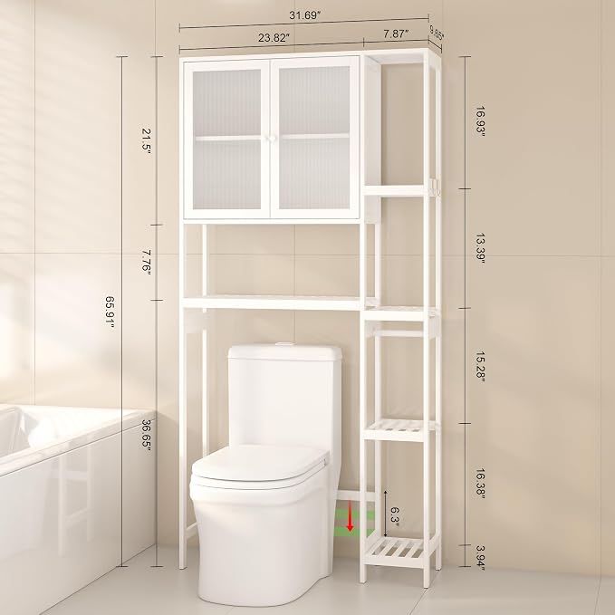 Over the Toilet Storage Cabinet Above Toilet Bathroom Organizer with Toilet Paper Holder Stand Bath Organizer with Adjustable Shelves & Acrylic Doors,Anti-Tip Device (White)