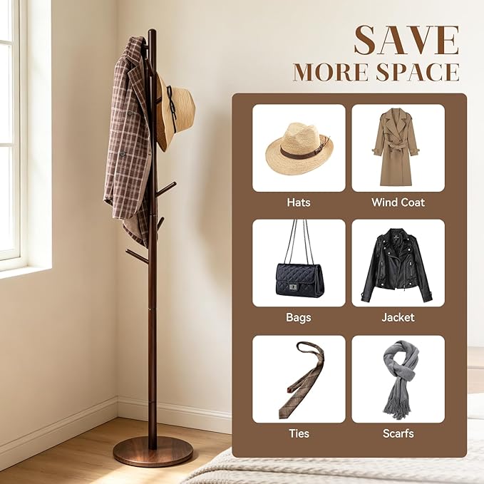 Wooden Coat Rack Freestanding, Corner Bag Purse Coat Hat Rack Tree Hanger Stand Holder Wood Modern Entryway Office Decor Furniture for Small Spaces Standing Heavy Duty Clothes Clothing Rack Hall Tree