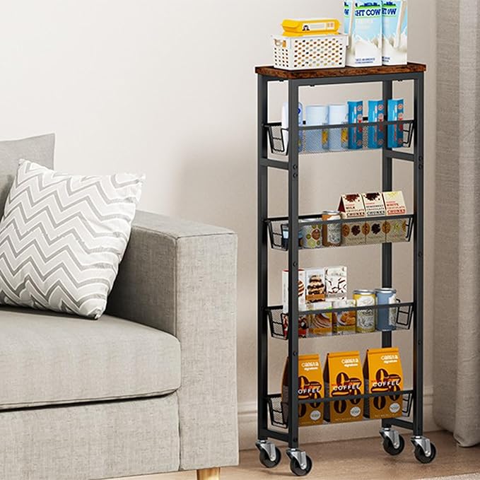 Honest Slim Storage Cart 4-Tier Slim Rolling Cart with Metal Frame and Wooden Top, 6.3 Inches, Storage Cart for Kitchen, Dining Room, Living Room, Bathroom, Home Office, Rustic Brown and Black