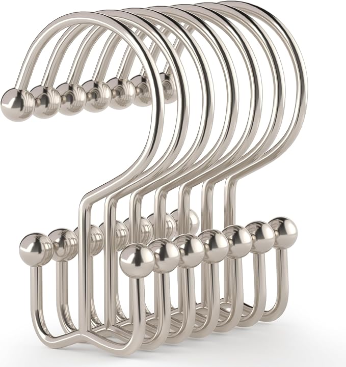24 Pcs Shower Curtain Hooks, Goowin Shower Curtain Rings, Durable Shower Curtain Rings Rust Proof, Double Glide Shower Rings for Curtain, Simple Shower Hooks for Shower Curtain & Liner, Brush Nickel