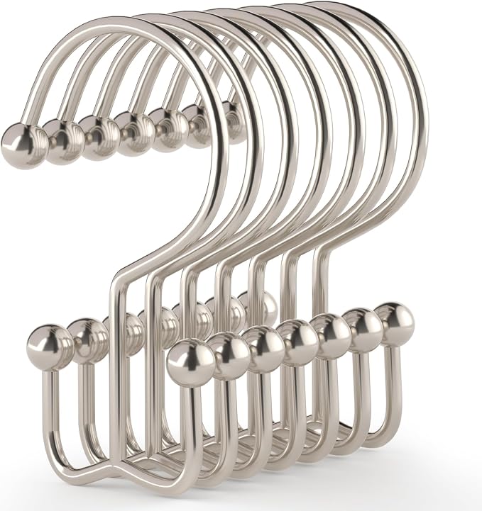 Goowin Shower Curtain Hooks, 12 Pcs Shower Curtain Rings, Durable Shower Curtain Rings Rust Proof, Double Glide Shower Rings for Curtain, Simple Shower Hooks for Shower Curtain & Liner, Brush Nickel