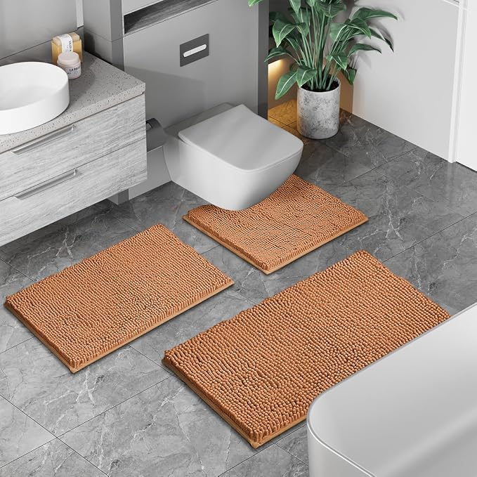 Bathroom Rugs Sets 3 Piece Non Slip Extra Absorbent Shaggy Chenille Batroom Rugs and Mats Sets, Soft & Dry Bath Rug/Mat Sets for Batroom Washable Carpets