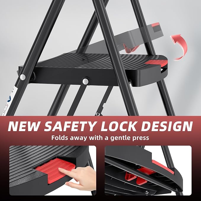 TOOLF 3 Step Ladder, Heavy Duty Step Stool with Tool Tray and Anti-Slip Wide Pedal, Portable Steel Folding Ladder for Home, Kitchen, 800 Lbs Capacity for Home & Industry, Black