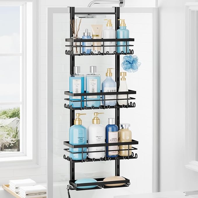 SWTYMIKI Over The Door Shower Caddy - 4 Tier Rustproof Hanging Shower Organizer with Adjustable Shelves, 40 Hooks & Soap Holder, Hanging Shower Rack Storage for Bathroom Accessories, Black