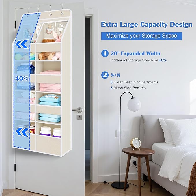 Univivi 5-Shelf Fabric Door Storage Over Door Hanging Organizer with 8 Large Pockets and 4 Small PVC Pockets Closet Cabinet Wall Mount Hanging Storage Organizers for Baby Nursery (Beige Pattern)