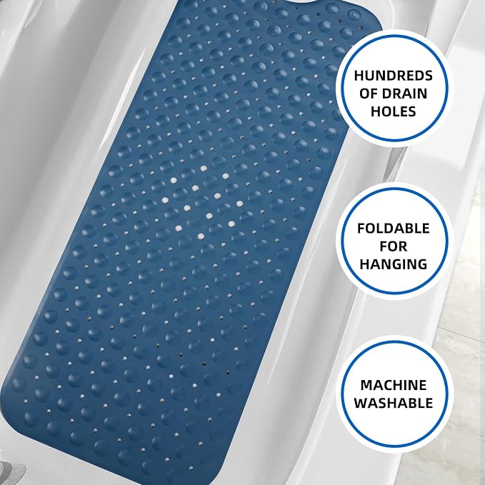 ZHICHENG Bath Tub and Shower Mats, Non-Slip 39 x 16 Inch Extra Long Bath Mat, Machine Washable Bathtub Mat with Drain Holes, Suction Cups for Bathroom (Blue)