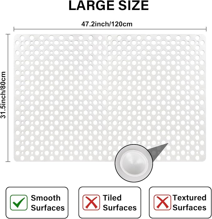 Non Slip Shower Mat: 47 X 32 Inch Large Shower Mats for Inside Shower - Soft TPE Anti Slip Long Shower Floor Mat with Large Drain Holes and Suction Cups