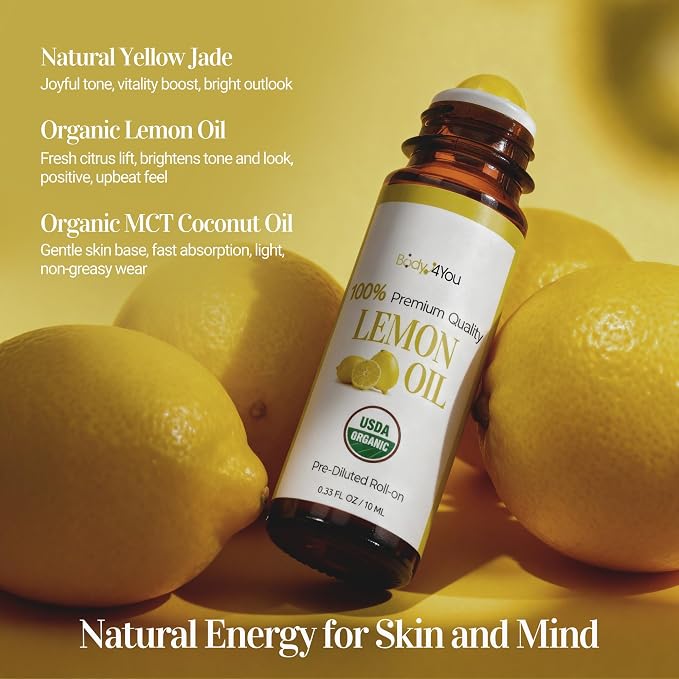 Lemon Essential Oil Roll On for Energy Mood Uplift Anxiety Relief - 100% Pure USDA Organic MCT Coconut Oil - Mental Clarity Focus Positivity Citrus Scent Perfume - Gemstone Roller 10ml Travel Size