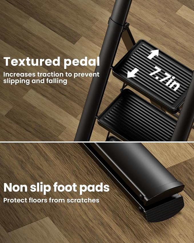SOLADDER 4 Step Ladder with Handrails, Anti-Slip and Foldable Step Stool with Widen Pedals, Portable Stepladders for Home, Kitchen and Indoor, Space Saving -300lbs (Black)