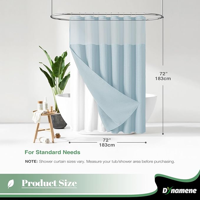 Dynamene Fabric Shower Curtain with Snap in Liner, Fog Blue Waffle Hotel Shower Curtains for Bathroom, Washable Waterproof Cloth Shower Curtain Liner Set with Hook, Mesh Top Window, 72x72, Fog Blue
