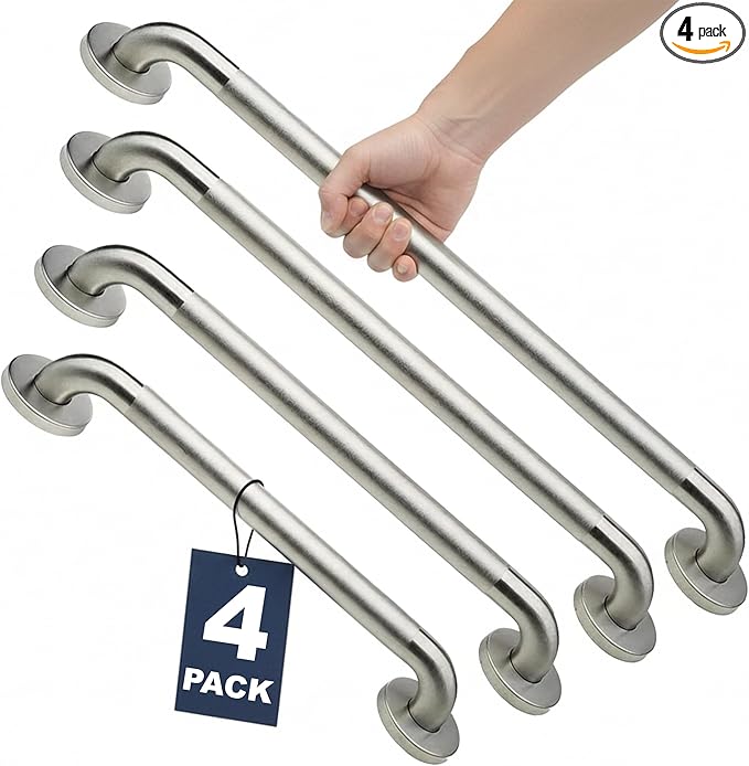 Shower Grab Bars 4 Pack – Complete Bathroom Safety Starter Bundle for Seniors – 16", 18", 24", 32" Lengths, 1.25" Diameter, 500 lb Rated All-in-One Grab Bar Shower Safety Solution – Brushed Stainless