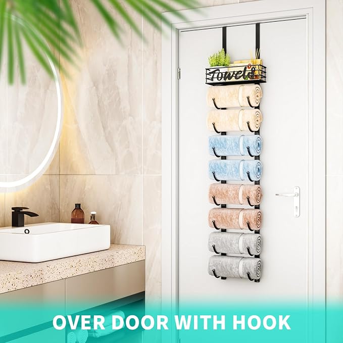 HapiRm Towel Racks for Bathroom Storage - 9 Tier Over The Door & Wall Mount Rolled Towel Storage Organizer Holder with Metal Shelf Basket for Small Bathroom, Camper, Rv - Black, Patented