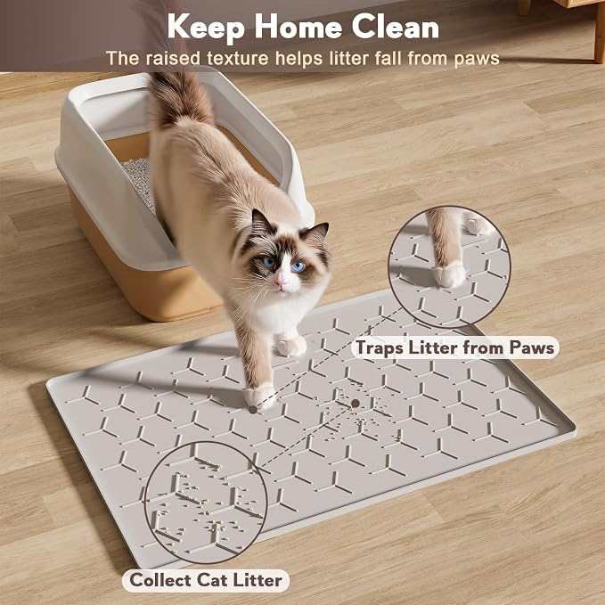 Garoopion Cat Litter Box Mat, Silicone Kitty Litter Mat, 24" X 16" Waterproof Silicone Pad for Floor, Light Gray