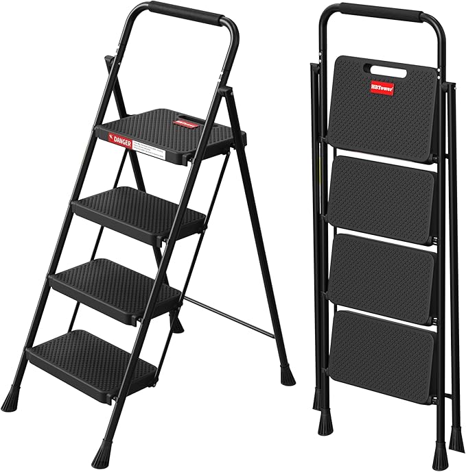 HBTower 4 Step Ladder, Step Stool Foldable for Adults with Wide Anti-Slip Pedal, Lightweight Step Ladders for Home and Kitchen