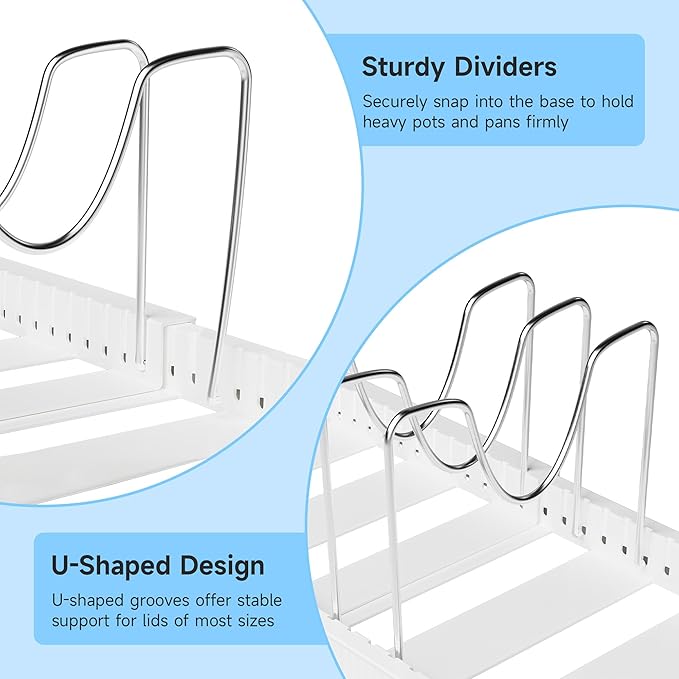 MUDEELA Pot Lid Organizer Rack for Cabinet, Expandable Pots and Pans Organizer under Cabinet with 12 Adjustable Dividers, Pan Organizers Holder inside Cabinet for Cutting Boards, Baking Sheets, White