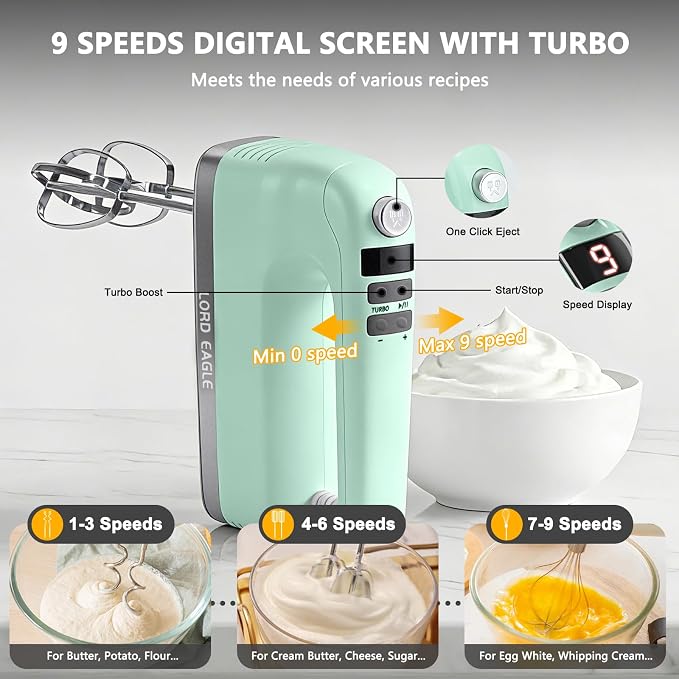 Lord Eagle 9-Speed Digital Hand Mixer Electric Handheld, 500W DC Motor Kitchen Mixer for Cake Baking, Lightweight Egg Beaters with Stain-resistant & Waterproof Storage Bag & 6 Accessories, Green