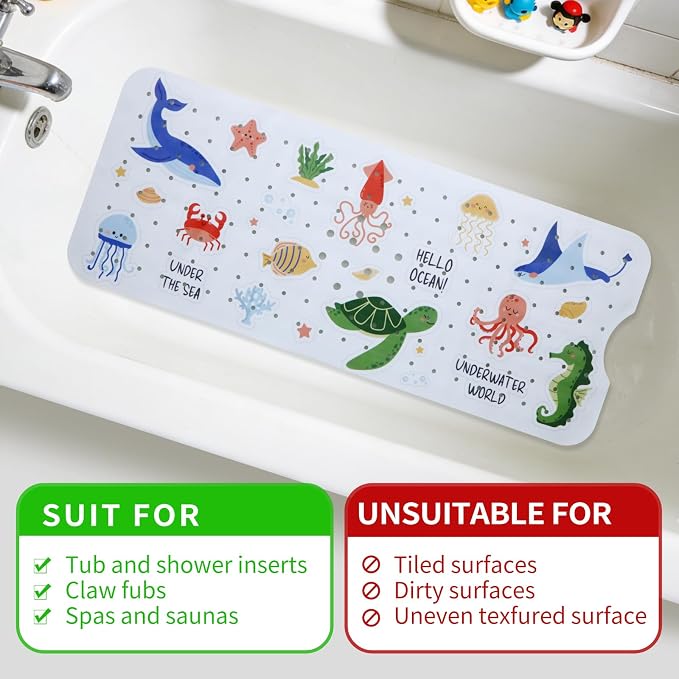 Baby Bath Mat for Tub Non Slip Kids Bathtub Mat Extra Long 40X16 Inch Toddler Bath Tub Shower Mat Anti Slip with Suction Cups & Drain Holes, Machine Washable (Under the sea)
