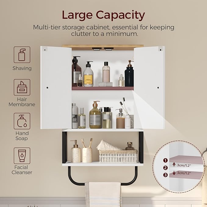 MAHANCRIS Bathroom Wall Cabinet with 2 Door and Adjustable Shelf, Medicine Cabinet with Towel Rack, 3-Tier Wall Mounted Storage Cabinet Over The Toilet for Bathroom Laundry Room, White and Natural