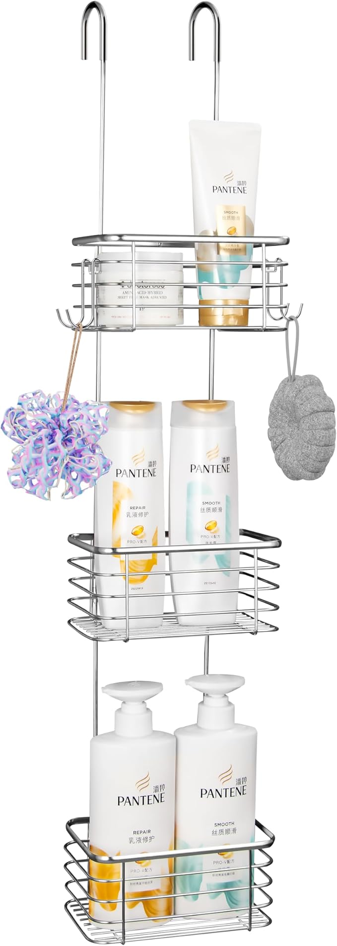YQH 3-Tier Hanging Shower Rack - Door Organizer with 2 Hooks for Razor, Shower Balls and More (3 Tiers)